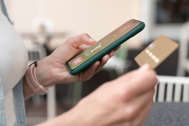 A close-up of a smartphone displaying a mobile wallet interface with a virtual credit card, ready to be used for a contactless payment.