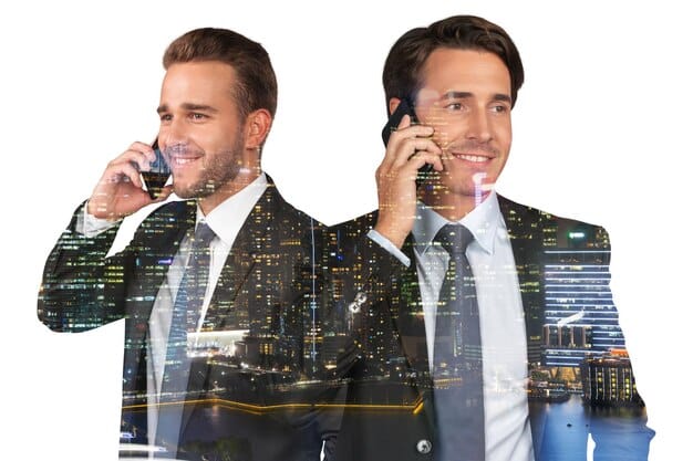 A split image showing a businessperson on one side, confidently processing a digital transaction, and a consumer on the other side, smiling while making an online purchase.