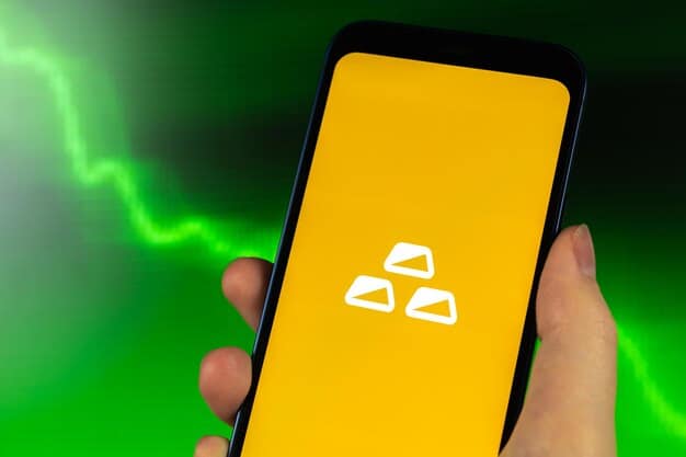A close-up of a smartphone displaying a fake banking app interface with incorrect branding and unusual UI elements.  The screen is flickering and a warning triangle icon is visible in the corner.