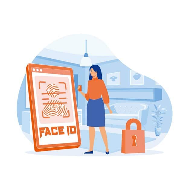 A person using facial recognition to authorize a mobile payment at a retail store, illustrating the convenience and security of biometric mobile payments.