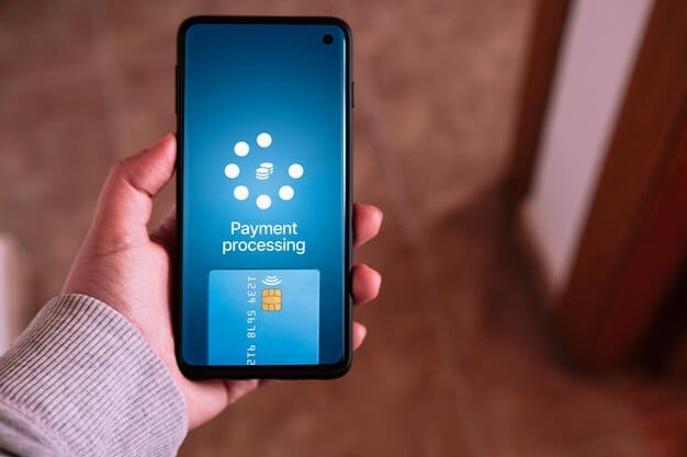 A close-up shot of a hand holding a smartphone displaying a secure mobile payment interface, with various security icons and encryption symbols surrounding the screen. This emphasizes the importance of security in fintech payment solutions.