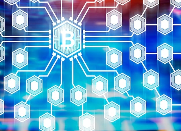An abstract graphic depicting blockchain technology with interconnected nodes and encryption symbols, representing the secure and decentralized nature of cryptocurrency networks that fintech startups can leverage for their platforms.