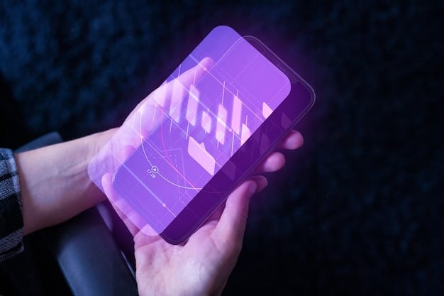 A person using a smartphone to conduct a financial transaction, with a holographic display showing charts and data analytics, highlighting the role of mobile technology and data in modern fintech.
