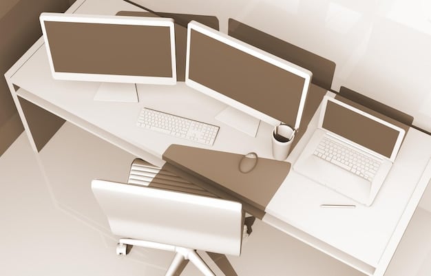 Several open laptops and tablets on a desk in a brightly lit, modern co-working space. Each screen displays different user interfaces for Fintech apps with secure login and data sharing icons prominently displayed.
