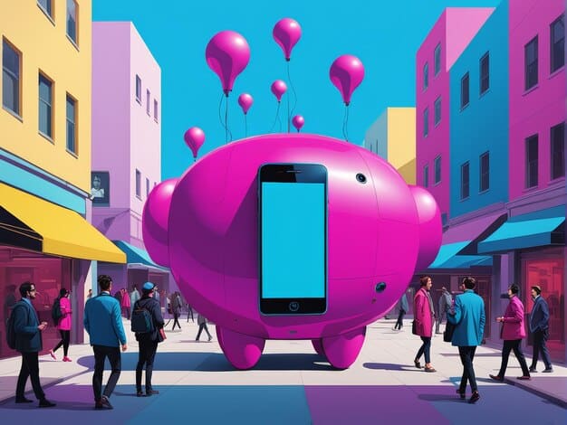 A vibrant illustration of a mobile phone displaying P2P payment features for sharing money on a social setting. In the background, there are people laughing and having fun.