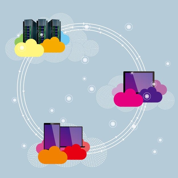 An illustration of cloud infrastructure with various interconnected nodes representing data, security, and automation. The visual emphasizes scalability and efficiency.