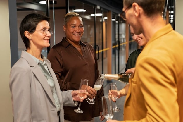 A diverse team of fintech professionals celebrating a successful acquisition deal, with champagne and congratulatory handshakes in a modern office setting.