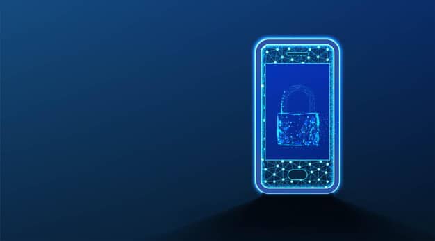 A padlock icon superimposed on a smartphone, symbolizing secure mobile payment transactions. The background shows encrypted data flowing.