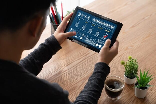 A tablet displaying a mobile device management (MDM) dashboard with various security settings and compliance statuses. The image highlights the centralized control and monitoring capabilities of MDM solutions.