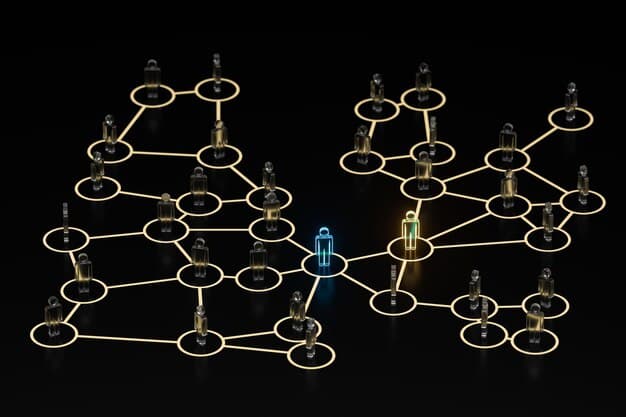 A network diagram showing nodes connected through encrypted pathways, illustrating the decentralized nature of the Dark Web.