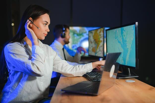 A network security analyst sitting at a desk, bathed in the glow of multiple monitors displaying complex data visualizations. An AI-powered dashboard highlights a potential threat, with a pop-up window suggesting immediate response actions.