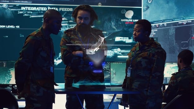 A diverse team collaborating around a holographic table displaying network security data, symbolizing an Incident Response Team in action.