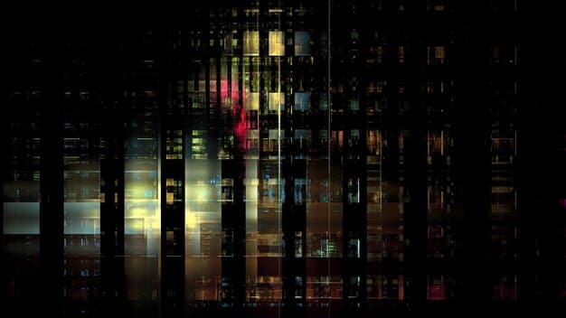 A digital illustration depicting a financial institution's data center being surrounded by shadowy, pixelated tendrils representing cyber threats emanating from the dark web.