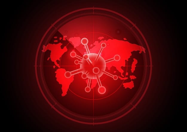 A global map with interconnected nodes, highlighting financial data flowing between them but intercepted by menacing red icons symbolizing dark web intrusion attempts.