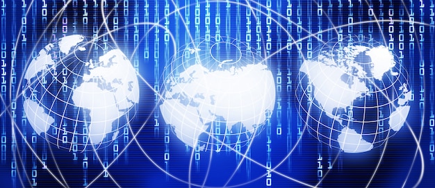 A graphic representation of a world map with interconnected nodes representing different types of cyber threats. Each node should be labeled with a specific threat, such as 