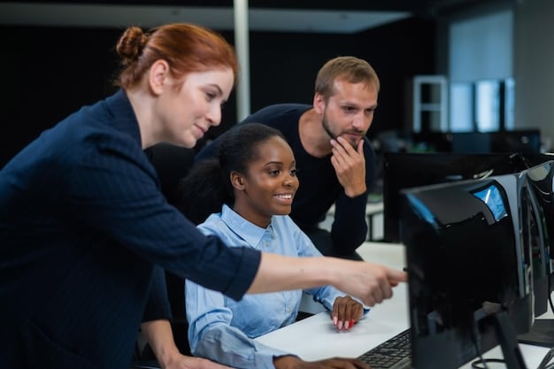 An image showing a group of employees participating in a cybersecurity training session. The setting should be a modern office environment, with a trainer leading the session and employees actively engaged, asking questions, and interacting with training materials. The focus should be on illustrating the importance of human involvement in cybersecurity efforts.