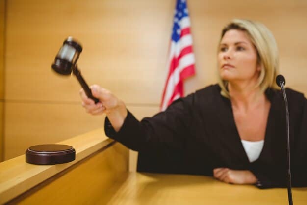 A close-up of a gavel striking a sound block in a courtroom, with a blurred background of attorneys and legal documents, representing the legal and regulatory challenges faced by fintech companies.