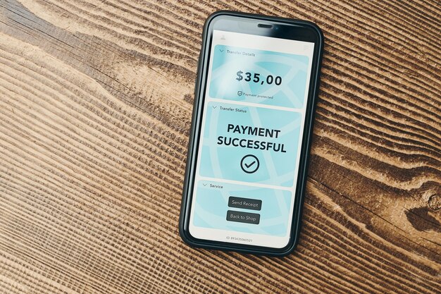 A user interface mock-up of a mobile payment app utilizing open banking, showcasing a secure and instantaneous transfer of funds between two accounts. The interface includes clear labeling, encryption symbols, and confirmation messages.