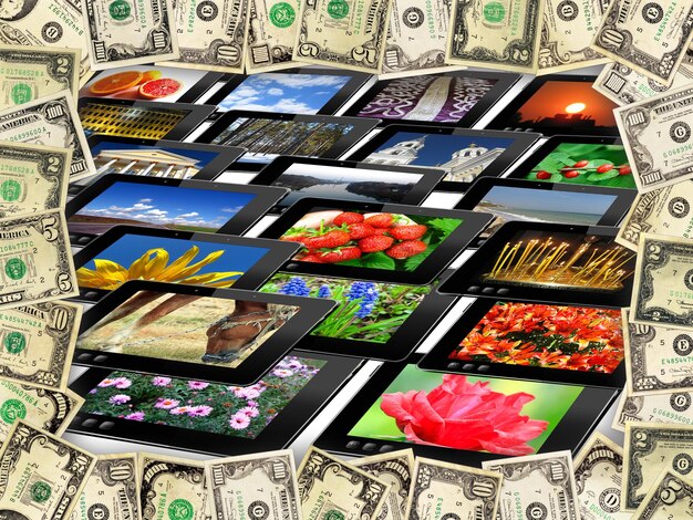 A collage showing various fintech app interfaces on mobile devices, each displaying a digital dollar balance. Small arrows and graphs illustrate the flow of digital currency and financial growth. The image is set against a backdrop of a modern financial district cityscape.