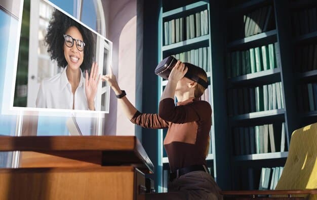 A user wearing a VR headset inside a virtual bank branch in the metaverse, interacting with a holographic financial advisor and viewing personalized financial data.