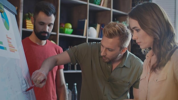 A photo of a group of Fintech professionals participating in a workshop, interacting with a whiteboard covered in diagrams and coding snippets, illustrating a collaborative learning environment.