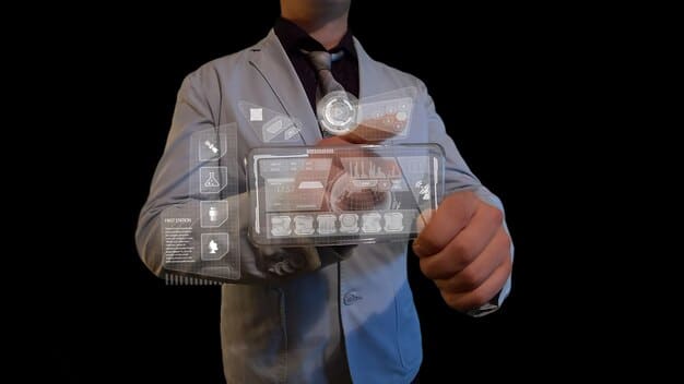 A customer interacting with a futuristic digital interface that displays personalized financial data and recommendations, highlighting AI's role in tailoring financial services to individual needs. The interface is user-friendly and visually engaging, symbolizing the enhanced customer experience enabled by AI.