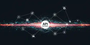 Digital network with API gateway connecting fintech applications rapidly.