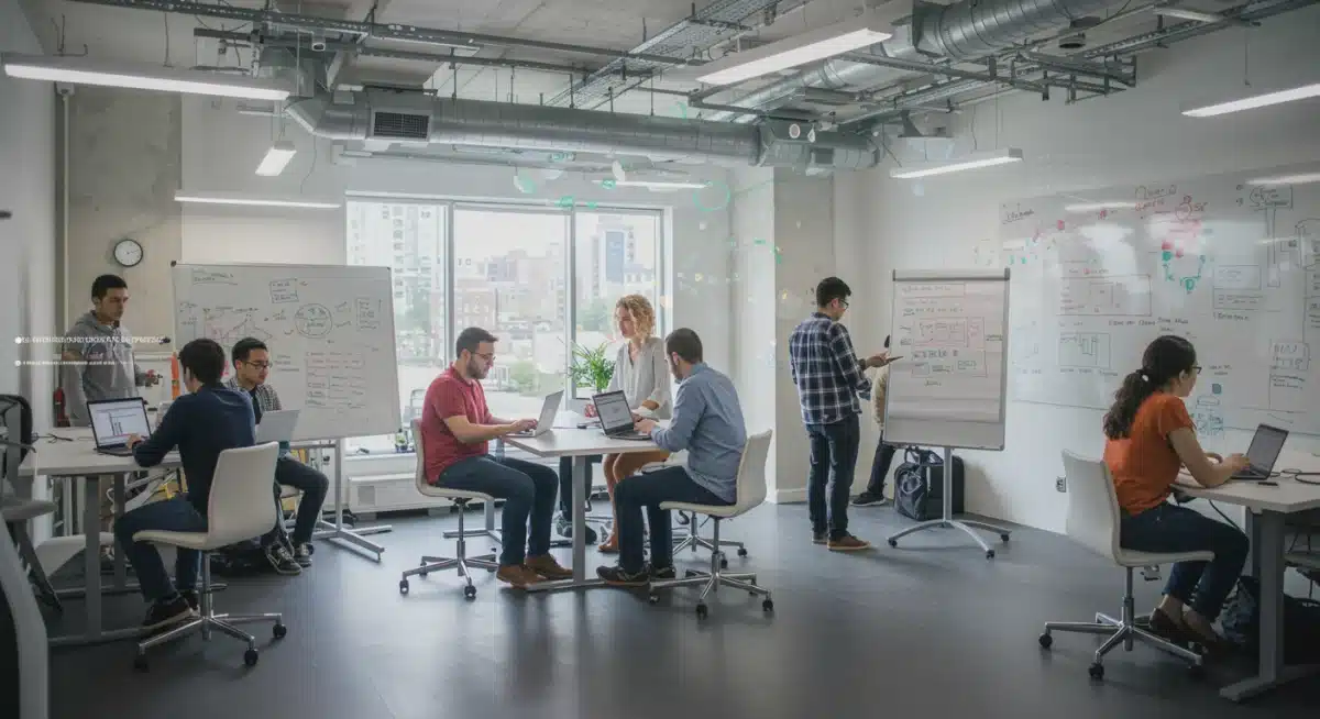 Entrepreneurs collaborating in a modern co-working space, indicative of a fintech accelerator environment.