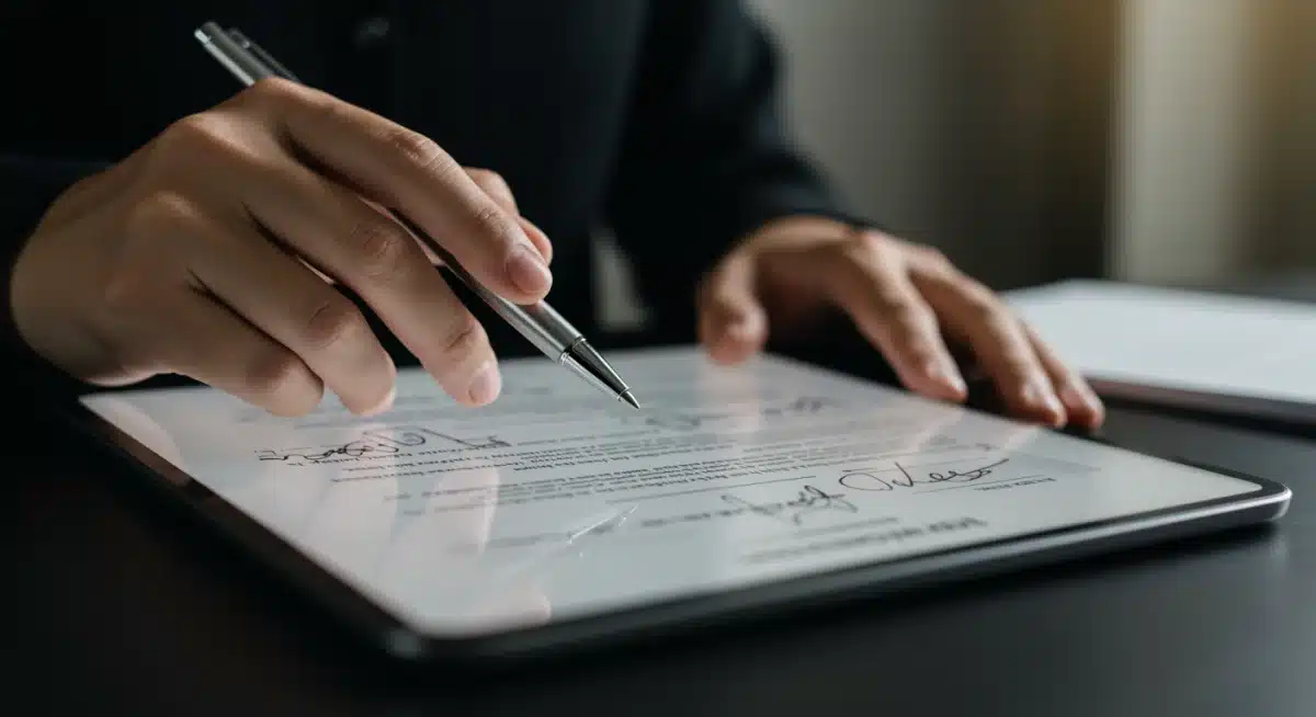 Detailed legal contract analysis on a tablet for fintech compliance