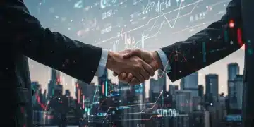 Two hands shaking, symbolizing a fintech startup receiving seed funding from an investor, with digital financial data in the background.