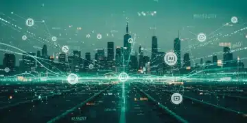 Digital illustration of AI networks enhancing US fintech operations efficiency.