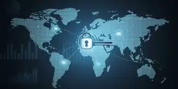 Data Localization Laws: US Fintechs Can Save 20% on Compliance Digital lock and key over a world map, symbolizing data localization and cybersecurity challenges for US fintechs.
