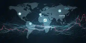 Digital representation of fintech mergers and acquisitions in the US, showing data flows and converging company symbols.