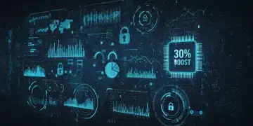 Futuristic AI cybersecurity dashboard with financial data and security metrics