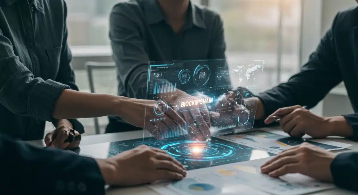 Fintech professionals collaborating on data visualizations and blockchain flows