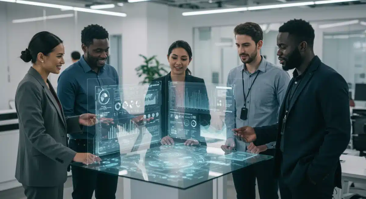 Fintech team collaborating on instant payment innovation with data visualization.