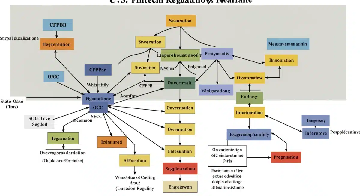 Intricate diagram showing interconnected US fintech regulatory bodies and their overlapping jurisdictions.