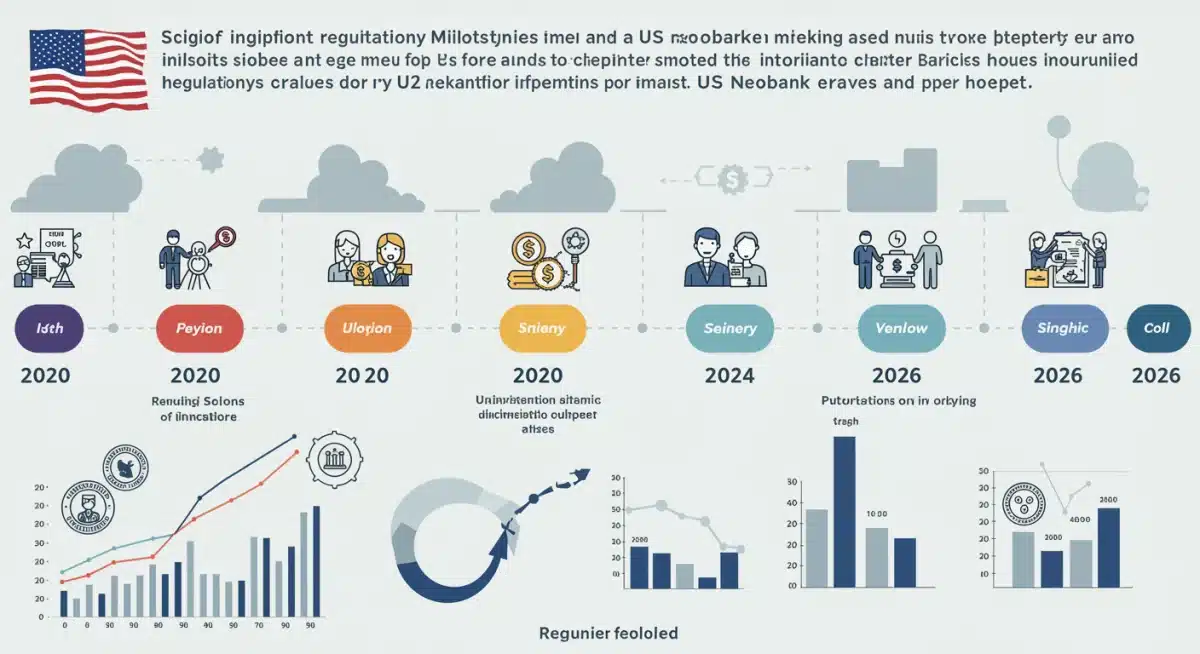 Timeline infographic of US neobank regulatory milestones and banking charter introductions from 2020 to 2026, illustrating key developments.