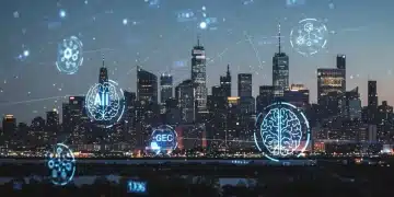 Futuristic cityscape with AI and blockchain symbols, representing US fintech innovation in 2026