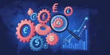Illustration of fintech M&A, gears, financial symbols, and growth charts