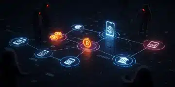 Illustration of fintech supply chain cyber risks with glowing connections and hacker silhouettes