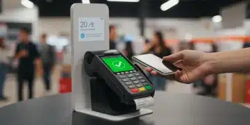 Futuristic retail setting with customer using contactless payment at a sleek POS terminal in 2026