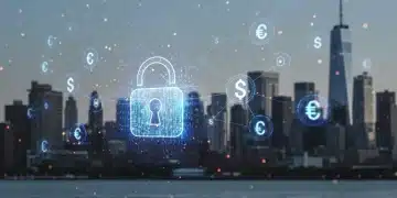 Futuristic digital padlock with quantum symbols protecting US fintech infrastructure