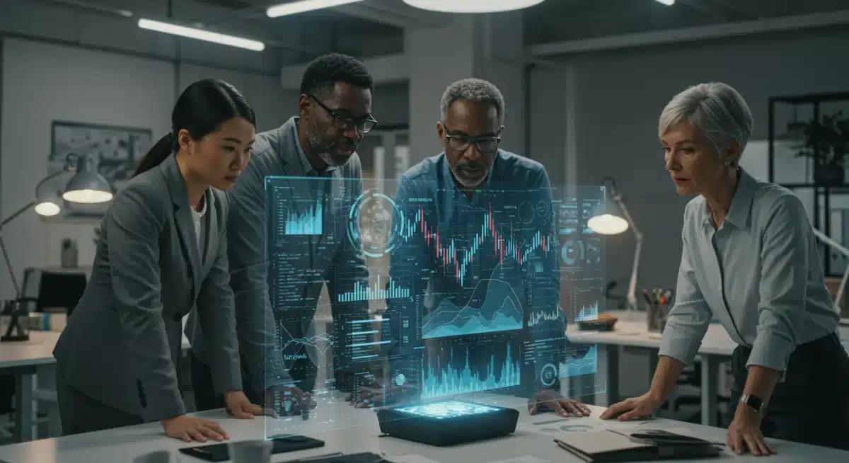 Fintech professionals analyzing blockchain transaction data collaboratively