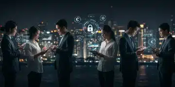 Diverse users engaging with secure fintech platforms on mobile devices, symbolizing trust and modern finance.