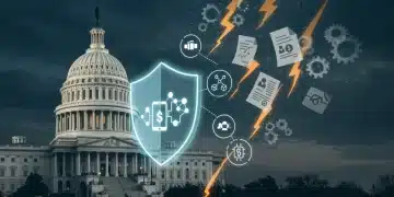 Digital shield protecting fintech icons from regulatory storm with US Capitol in background