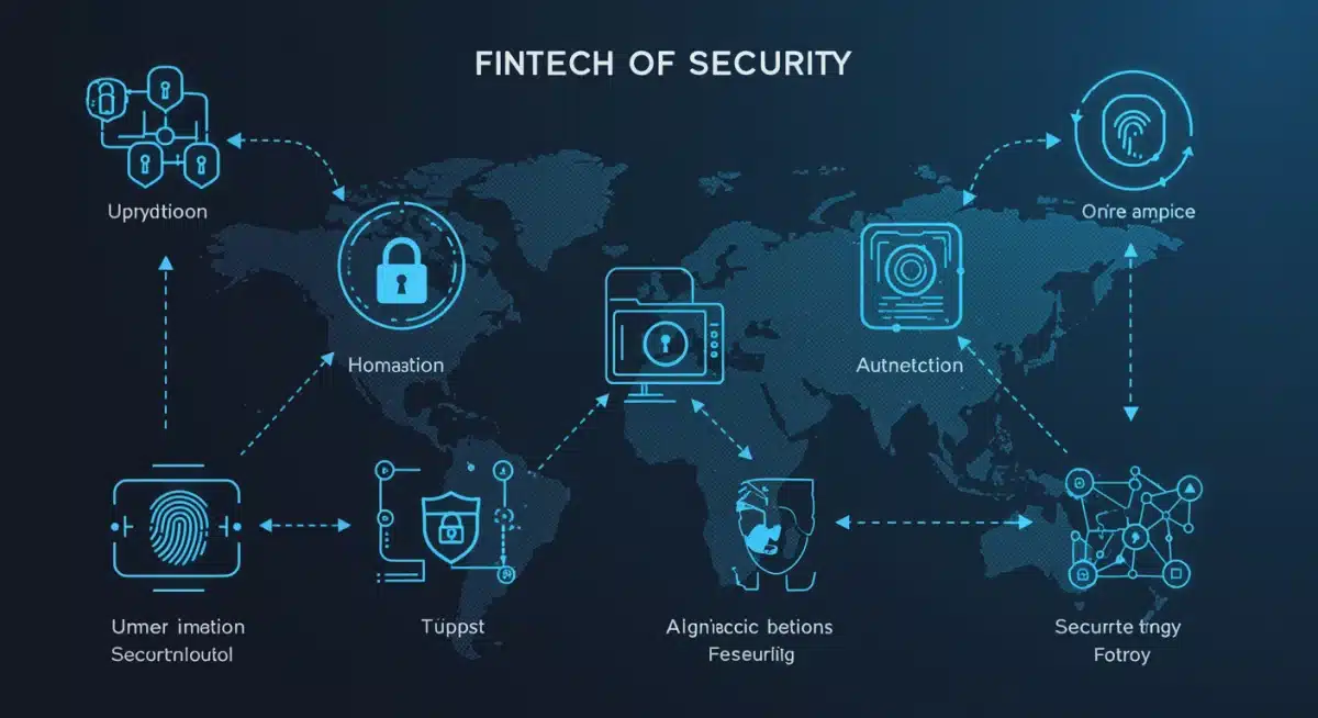 Infographic illustrating robust cybersecurity measures in fintech, featuring encryption, biometrics, and secure data networks.