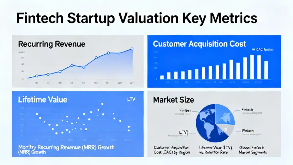 Infographic illustrating key valuation metrics for fintech startups.