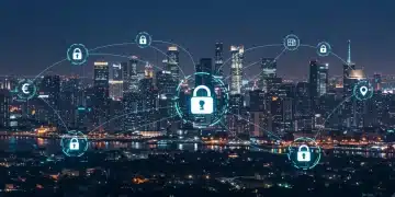 Futuristic digital city with secure financial data connections, symbolizing zero-trust architecture in fintech.
