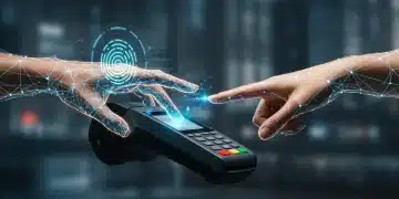 Futuristic hand completing a secure biometric payment transaction at a sleek terminal in an urban setting.